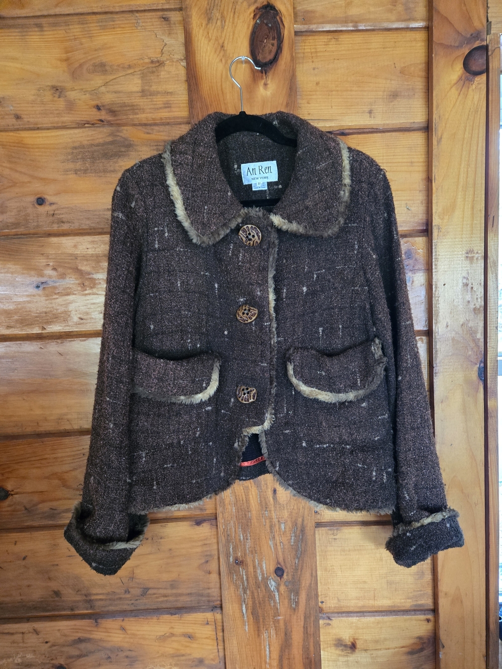 An Ren Brown Tweed Faux-Fur Trim Cropped Blazer